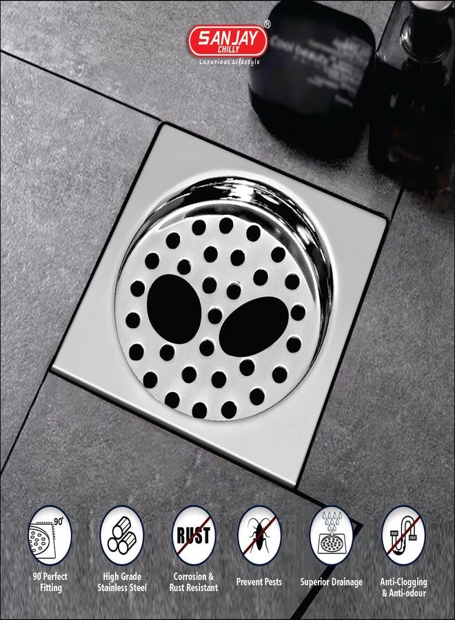 Sanjay Chilly SS Floor Drain with Double Holes Cover Jali 304 Grade Sani Square Bathroom Gratings Open Area Kitchen Sinks and Wash Basins Water Drainer Pisto Square 6x6 INCH - Image 2